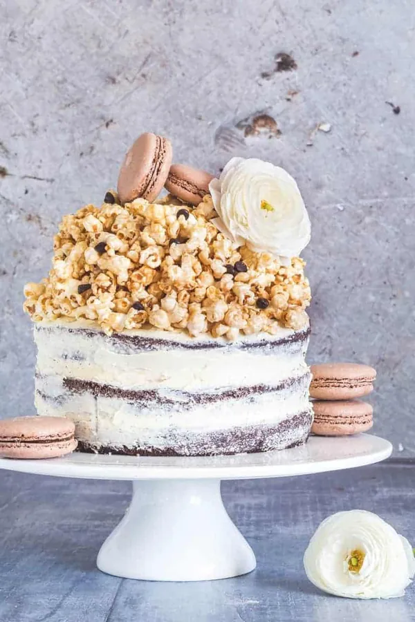 Naked Chocolate Cake With Caramel Chocolate Chip Popcorn