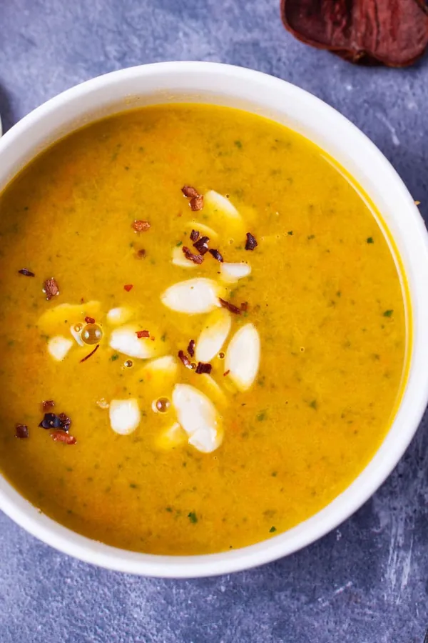 Creamy Carrot Orange Soup (With Spinach & Almonds)