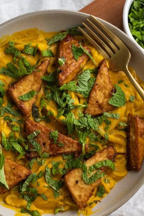 CURRIED BUTTERNUT SQUASH NOODLES WITH CRISPY TOFU