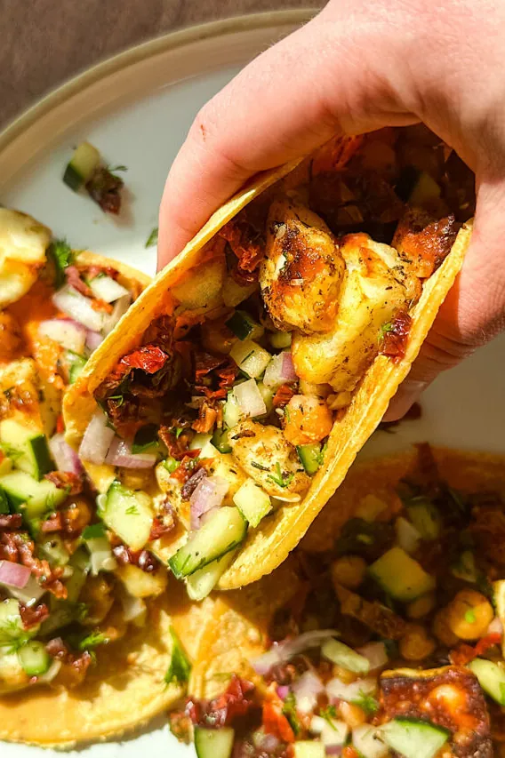 Halloumi and Chickpea Tacos with Cucumber Salsa
