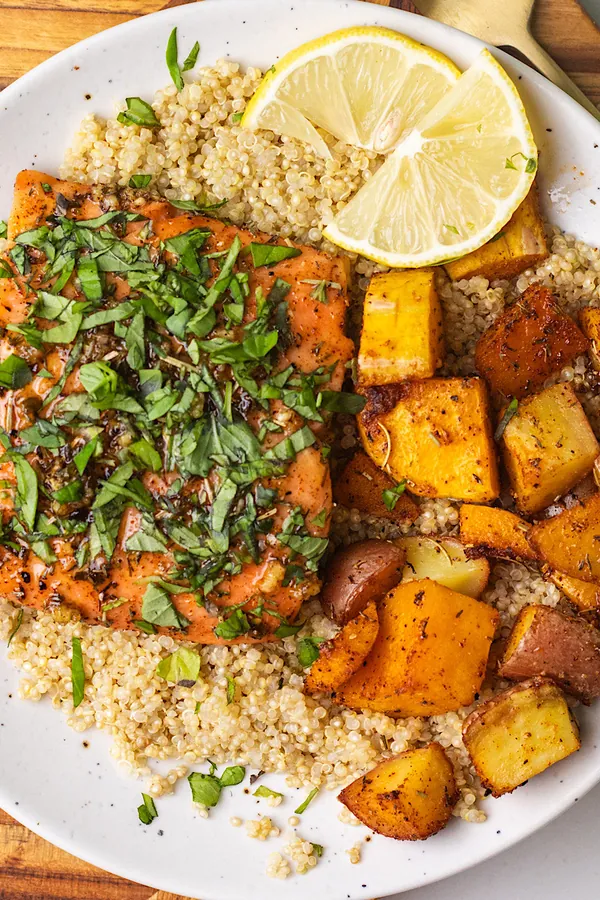 Maple Butter Salmon with Potatoes and Squash