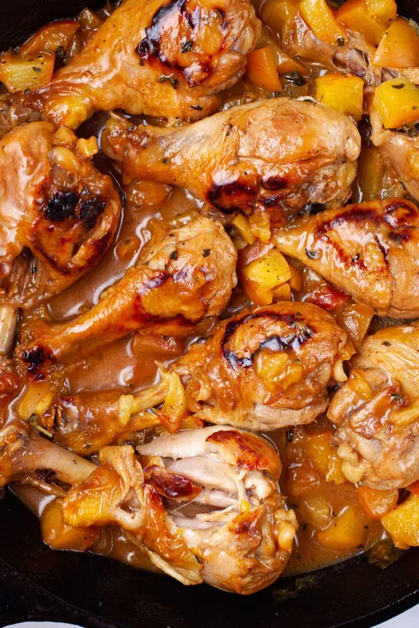 One Skillet Peach Glazed Chicken Legs