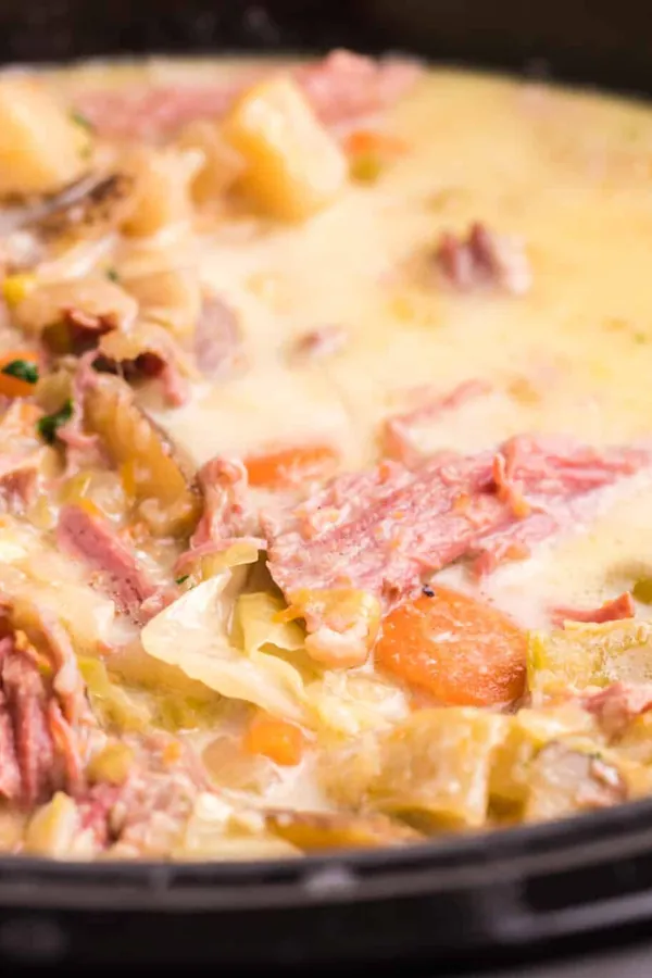 Slow Cooker Corned Beef and Cabbage Soup {Creamy}