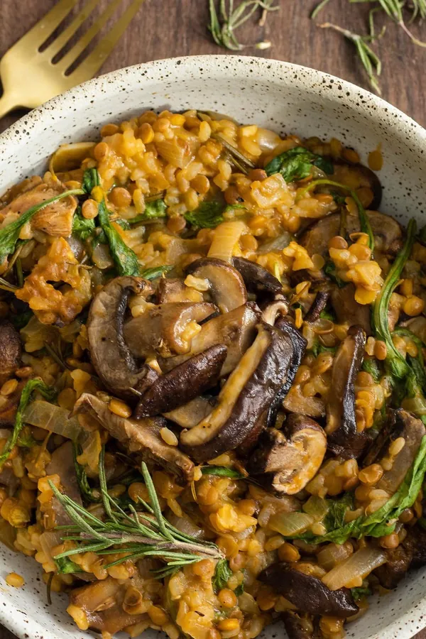 vegan high protein mushroom lentil risotto