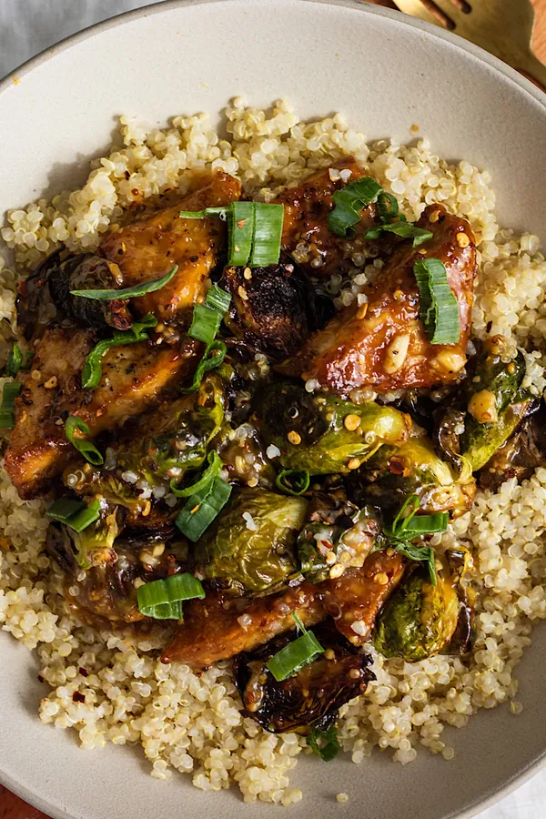 Vegan Honey Mustard Tofu and Brussels Sprouts