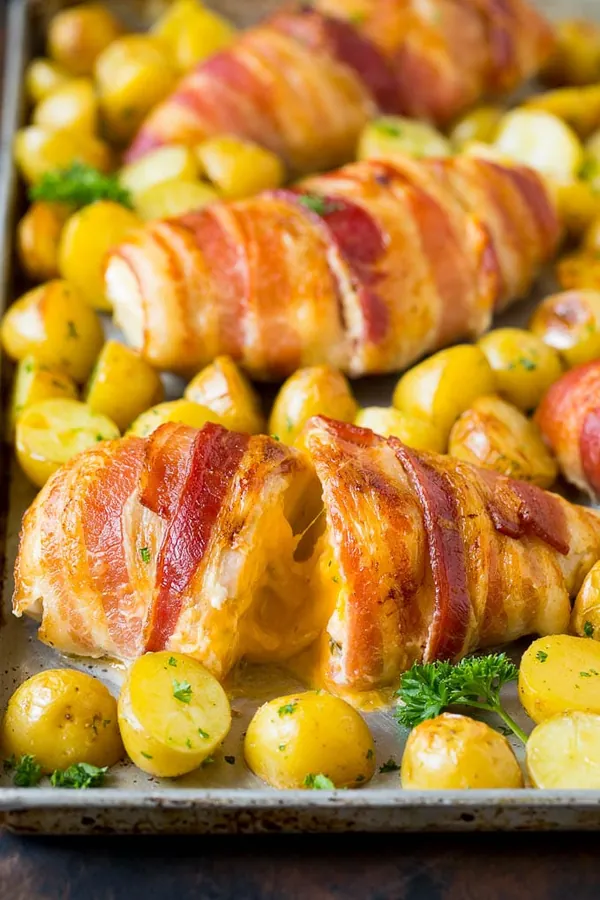Bacon Wrapped Stuffed Chicken Breast (One Pan Meal)