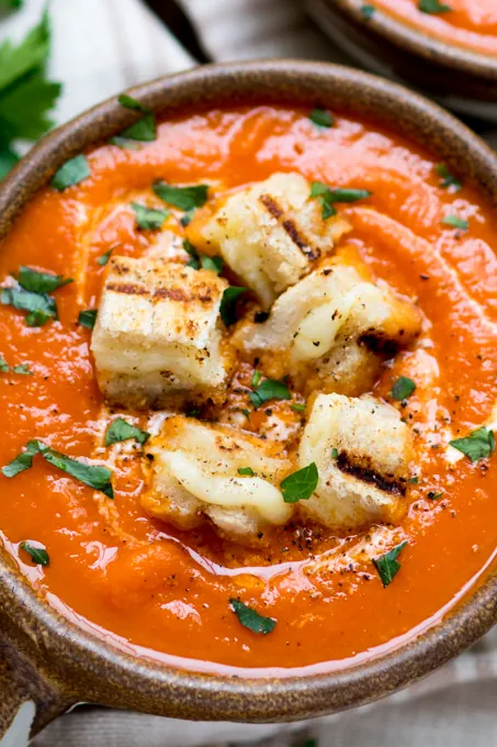 Creamy Tomato Soup with Cheese Toast Croutons