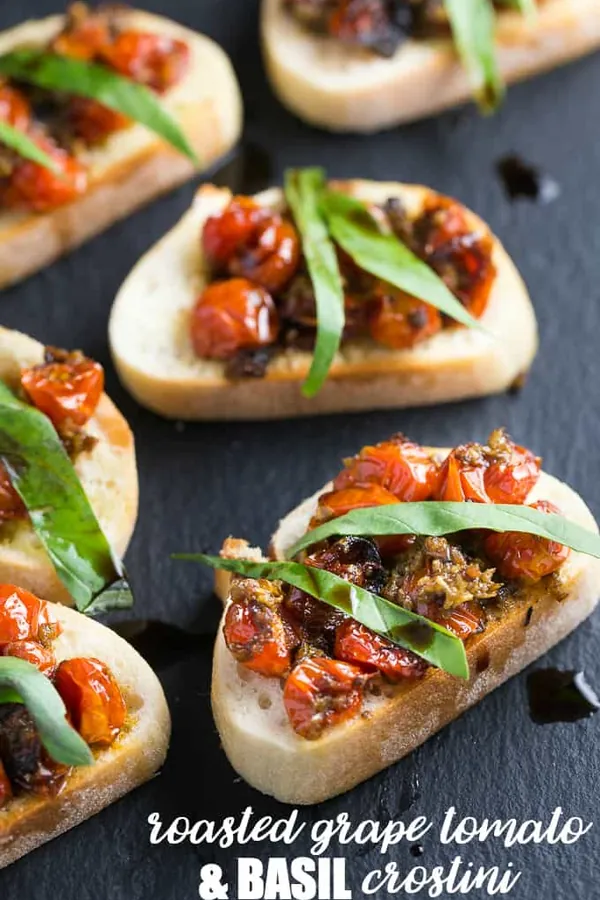 Roasted Grape Tomato and Basil Crostini