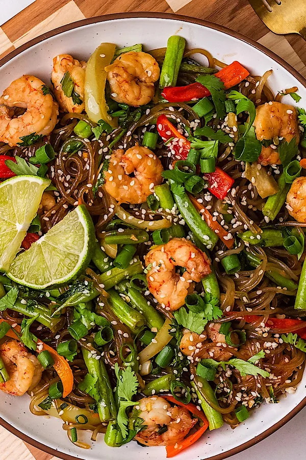 Sesame Scallion Noodles with Shrimp and Veggies