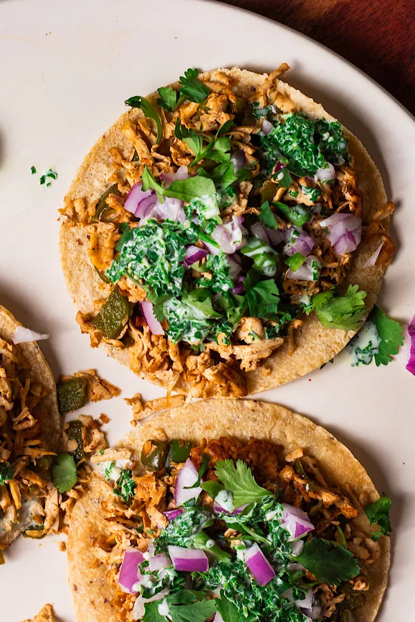 Shredded Tofu Tostadas with Cilantro Yogurt Sauce