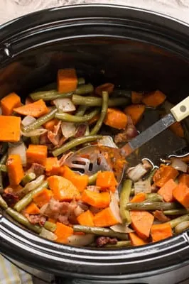 Slow Cooker Sweet Potatoes, Green Beans and Bacon