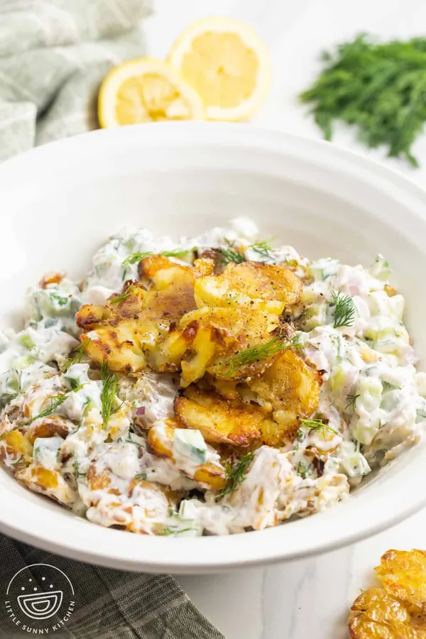 Smashed Potato Salad with Tzatziki