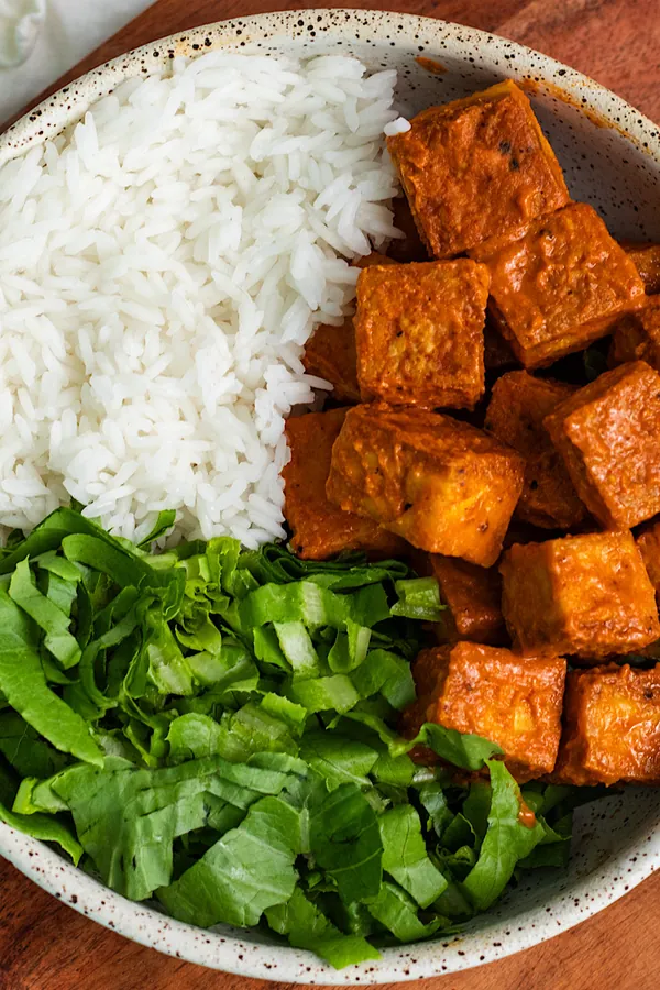 vegan buffalo baked tofu with broccoli