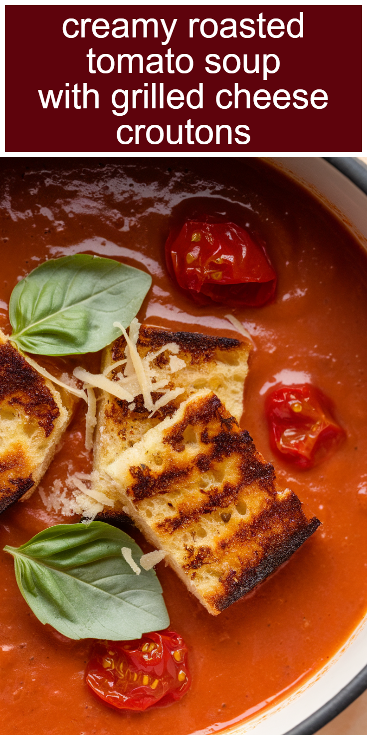 Creamy Roasted Tomato Soup with Grilled Cheese Croutons Pinterest Pin