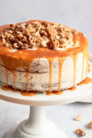 banana nut cake with salted caramel sauce