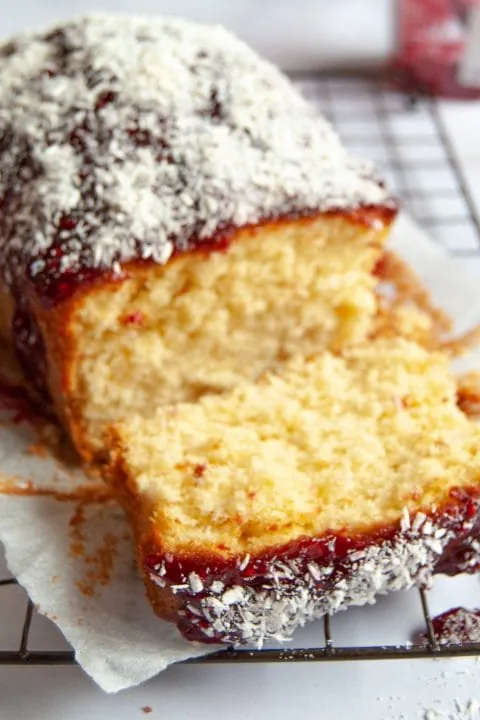 Coconut and raspberry jam loaf cake