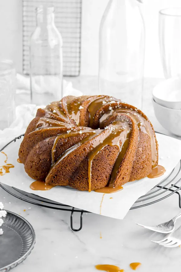 Mocha Swirled Bundt Cake with Salted Caramel Sauce