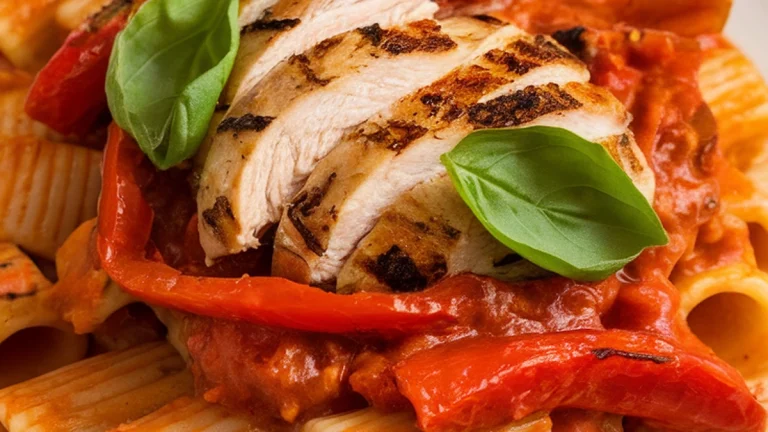 Roasted Red Pepper Sauce Chicken Rigatoni - Featured