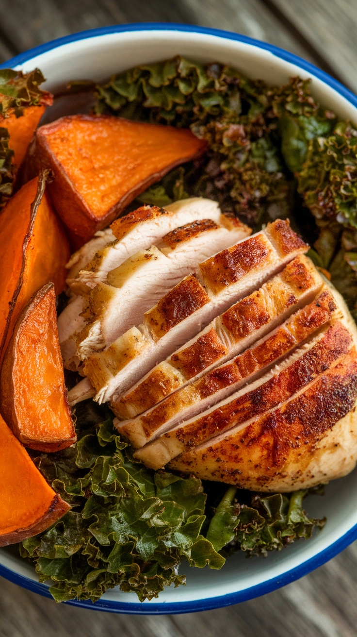 Roasted Sweet Potato and Kale Chicken Bowl