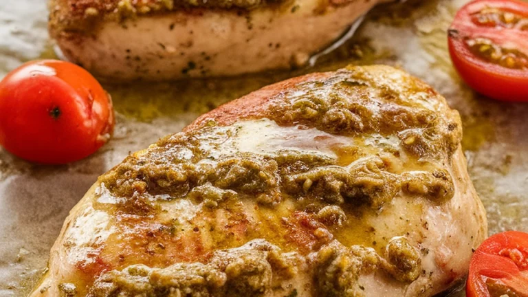 Whole Wheat Pesto Chicken with Cherry Tomatoes - Featured