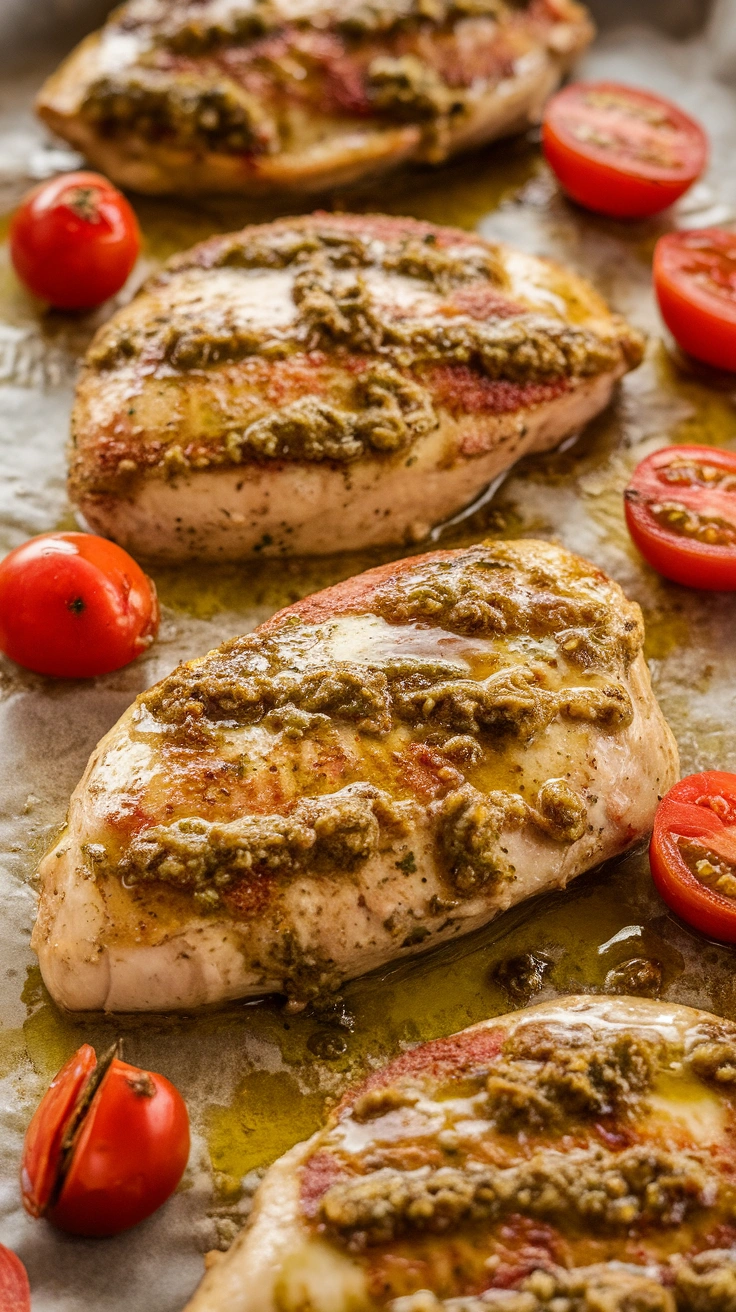 Whole Wheat Pesto Chicken with Cherry Tomatoes