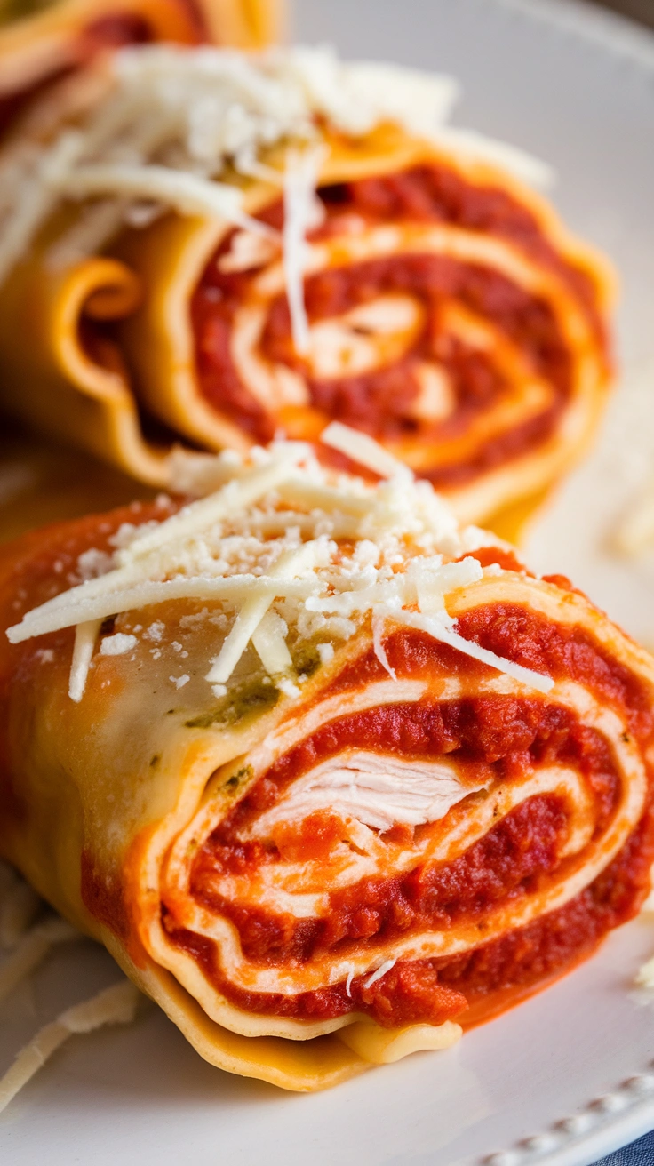 Cheesy Chicken Lasagna Roll Ups with Marinara