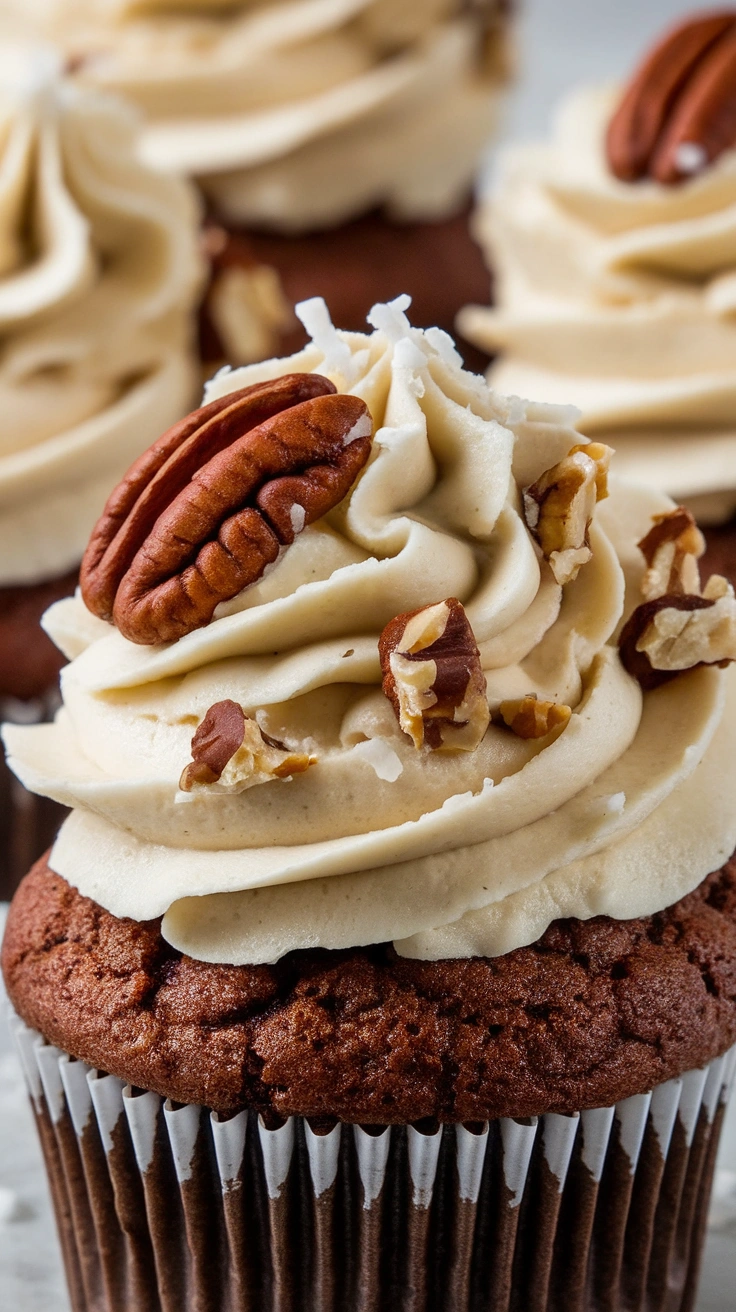 German Chocolate Cupcakes with Coconut Pecan Frosting