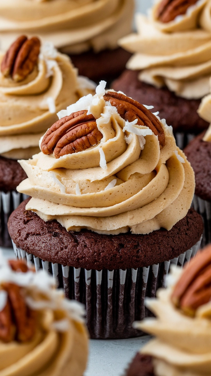 German Chocolate Cupcakes with Coconut Pecan Frosting