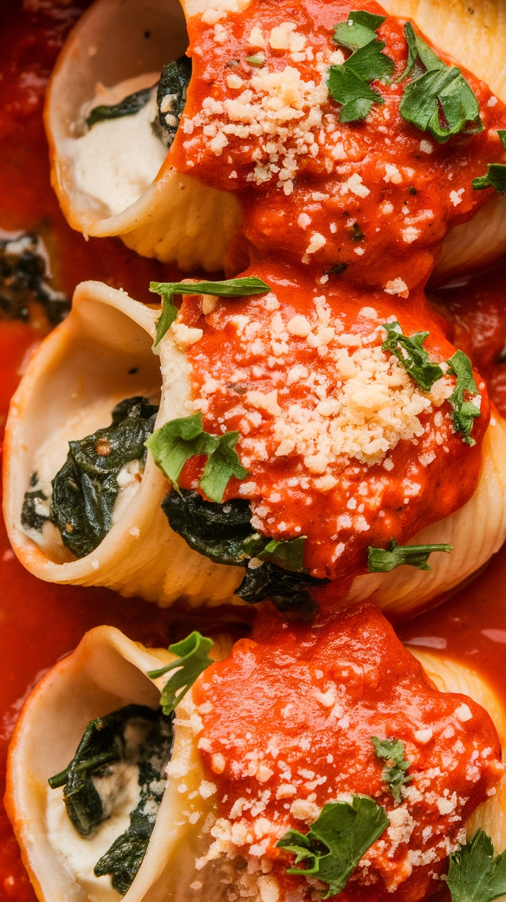 Baked Three Cheese Stuffed Shells with Spinach