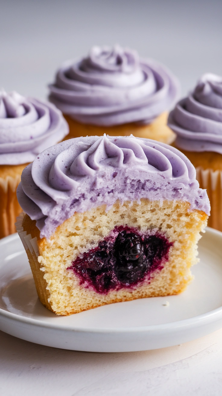 Vanilla Cupcakes with Blackberry Filling and Lavender Frosting
