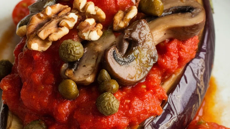 Baked Eggplant with Tomatoes Mushrooms Walnuts and Capers - Featured