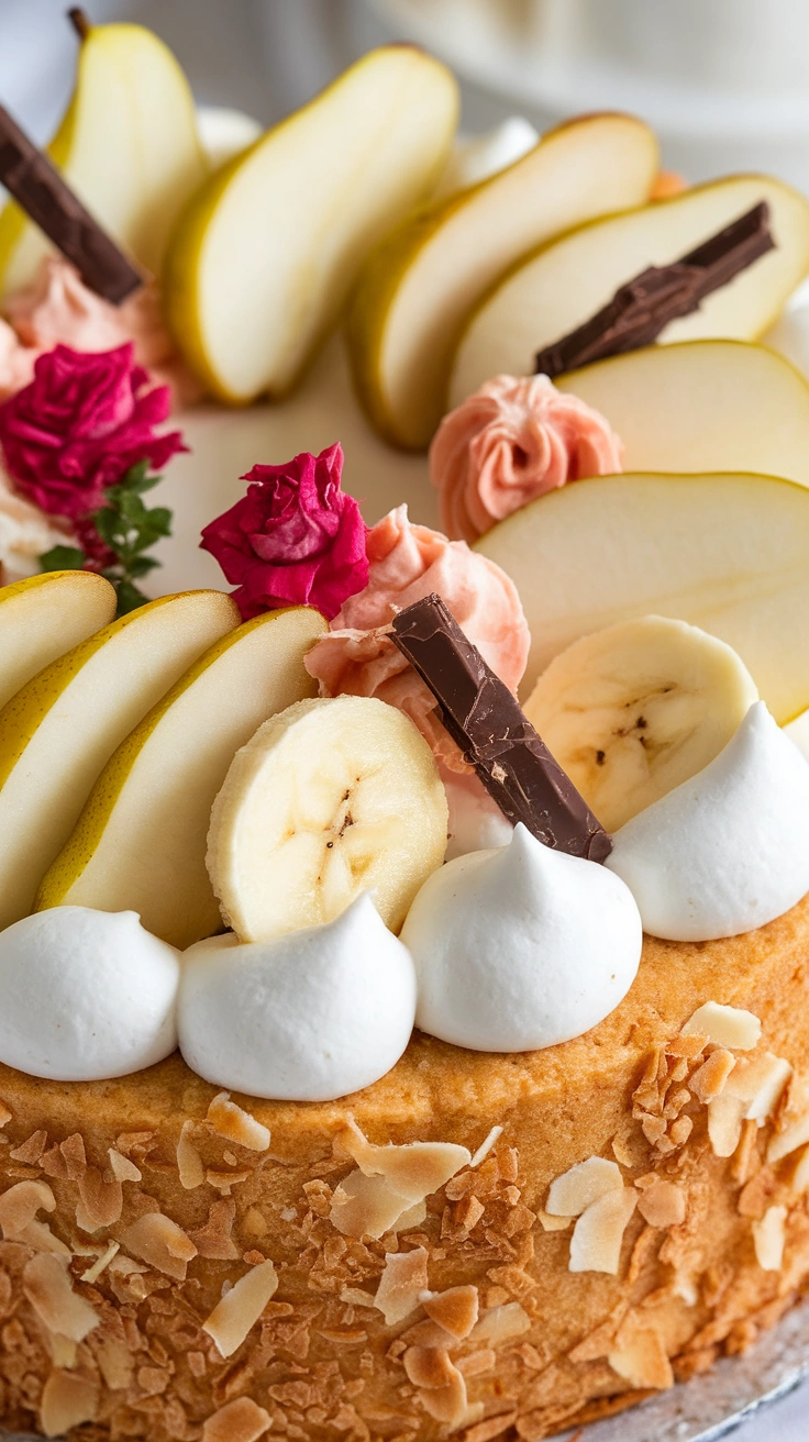 Banana Pear Cake with Rose Jam and Coconut Cream