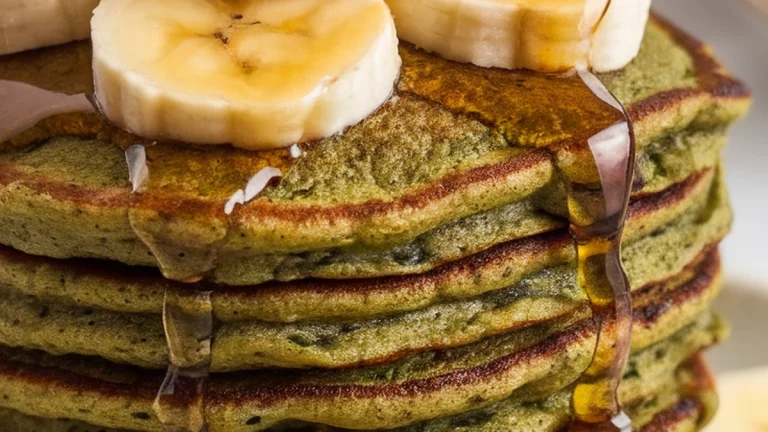 Banana Spirulina Pancakes with Maple Syrup - Featured