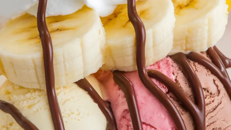 Banana with Three Ice Creams and Chocolate Sauce - Featured