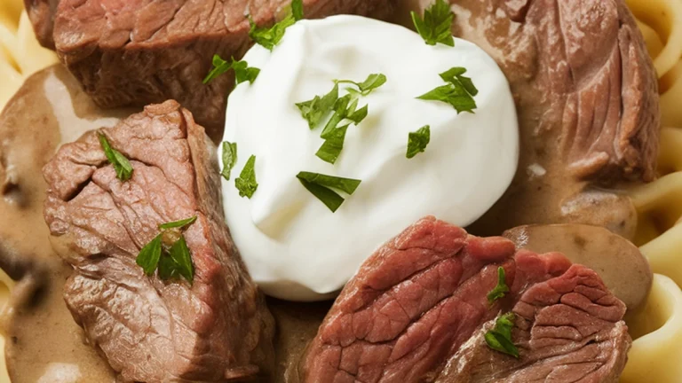 Beef Tips and Egg Noodles with Mushroom Sour Cream Sauce - Featured