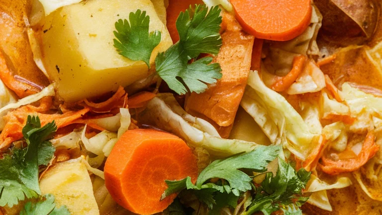 Cabbage Potato and Carrot Stew with Garlic Ginger Spices - Featured