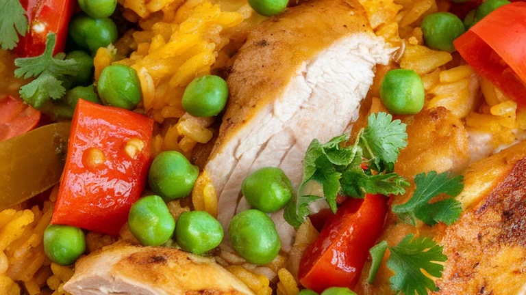Chicken and Yellow Rice with Tomatoes and Peas - Featured