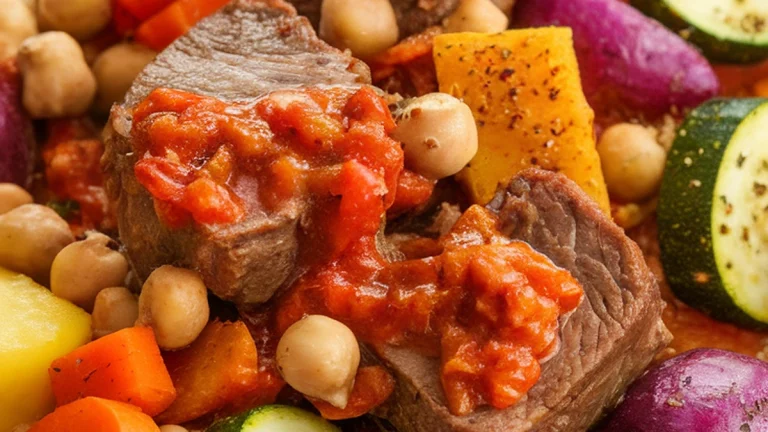 Couscous with Spiced Meat Chickpeas and Vegetables - Featured