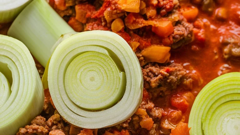 Leeks with Ground Meat and Tomato Sauce - Featured