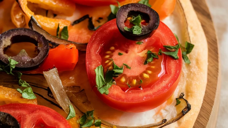 Yeast Flatbread with Tomato Onion Pepper and Olives - Featured